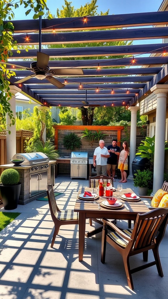 Stylish backyard barbecue area with modern grill, seating, and greenery.